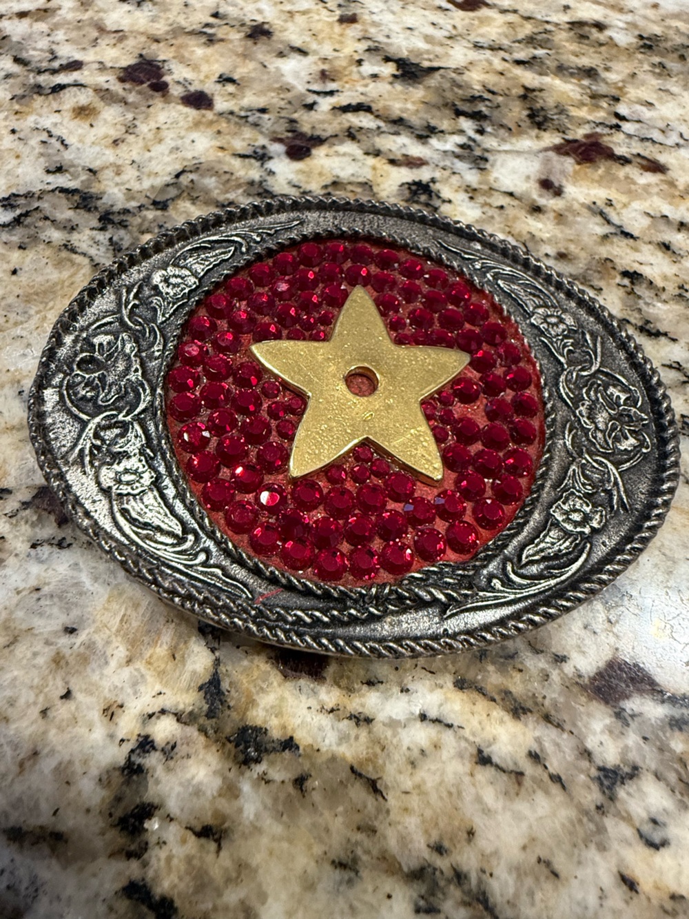 Western floral metal belt buckle red rhinestones gold star